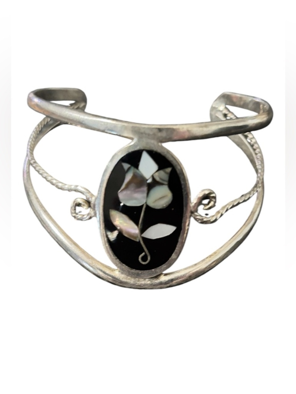 Vintage Alpaca Silver cuff bracelet floral abalone shell inlay Mexico rare